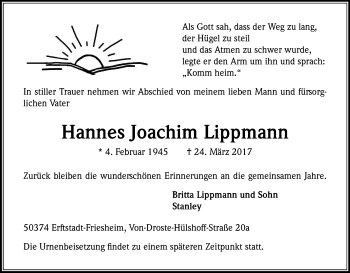 Anzeige von Hannes Joachim Lippmann von Kölner Stadt-Anzeiger / Kölnische Rundschau / Express