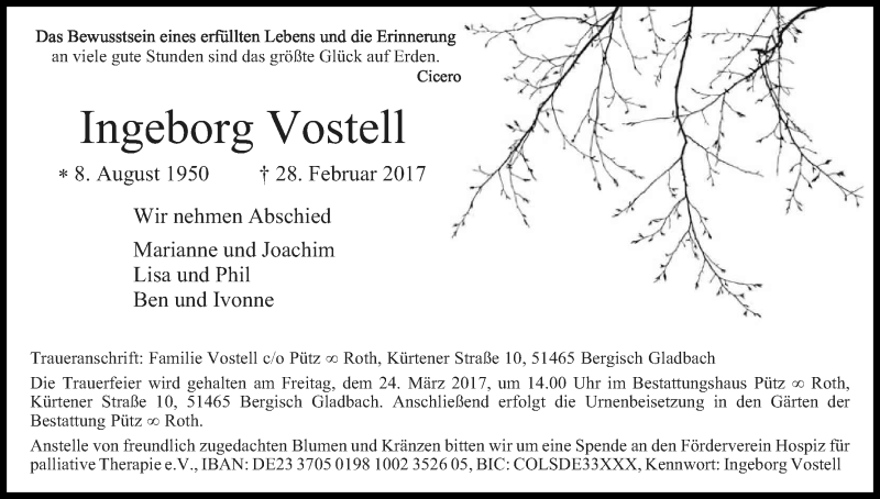  Traueranzeige für Ingeborg Vorstell vom 18.03.2017 aus Kölner Stadt-Anzeiger / Kölnische Rundschau / Express