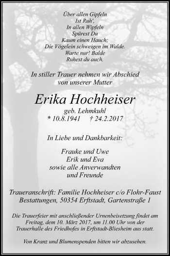 Anzeige von Erika Hochheiser von Kölner Stadt-Anzeiger / Kölnische Rundschau / Express