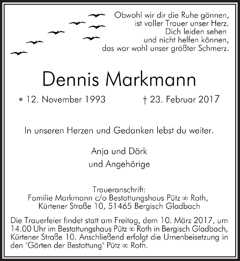  Traueranzeige für Dennis Markmann vom 08.03.2017 aus  Anzeigen Echo 