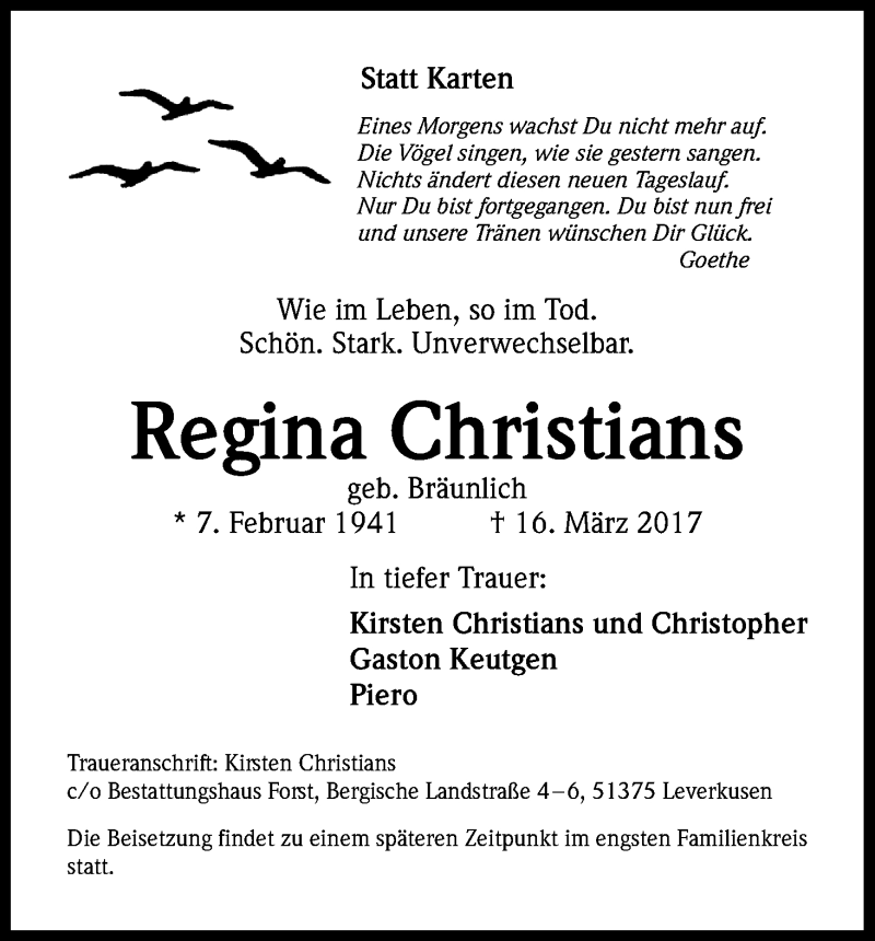 Traueranzeige für Regina Christians vom 25.03.2017 aus Kölner Stadt-Anzeiger / Kölnische Rundschau / Express