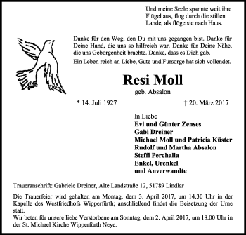 Anzeige von Resi Moll von Kölner Stadt-Anzeiger / Kölnische Rundschau / Express