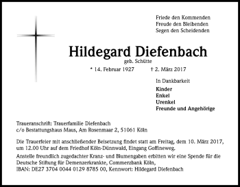 Anzeige von Hildegard Diefenbach von Kölner Stadt-Anzeiger / Kölnische Rundschau / Express