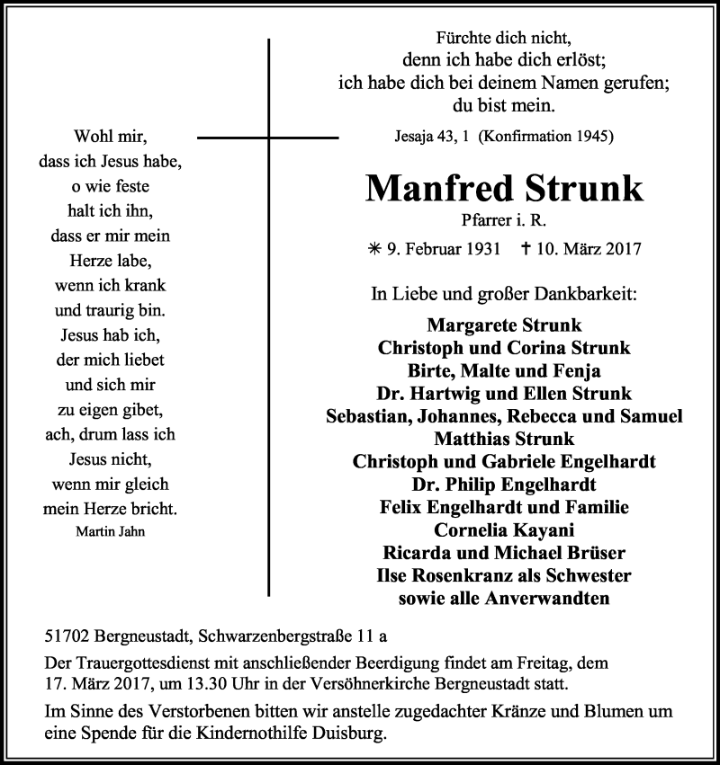  Traueranzeige für Manfred Strunk vom 14.03.2017 aus Kölner Stadt-Anzeiger / Kölnische Rundschau / Express
