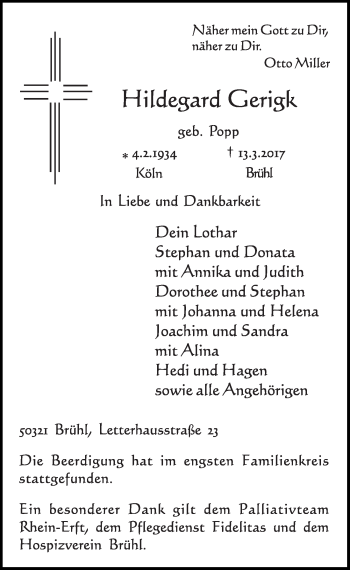 Anzeige von Hildegard Gerigk von  Schlossbote/Werbekurier 