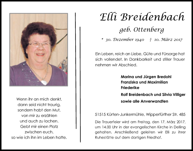  Traueranzeige für Elli Breidenbach vom 14.03.2017 aus Kölner Stadt-Anzeiger / Kölnische Rundschau / Express