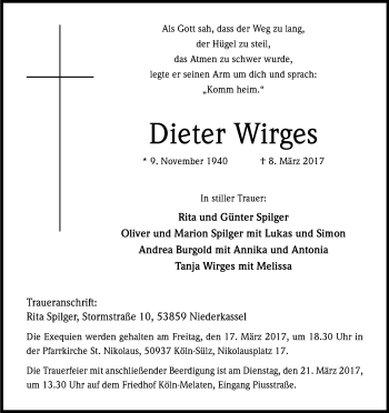 Anzeige von Dieter Wirges von Kölner Stadt-Anzeiger / Kölnische Rundschau / Express