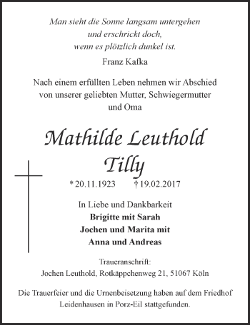 Anzeige von Mathilde Leuthold Tilly von  Kölner Wochenspiegel 