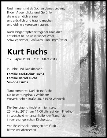 Anzeige von Kurt Fuchs von Kölner Stadt-Anzeiger / Kölnische Rundschau / Express