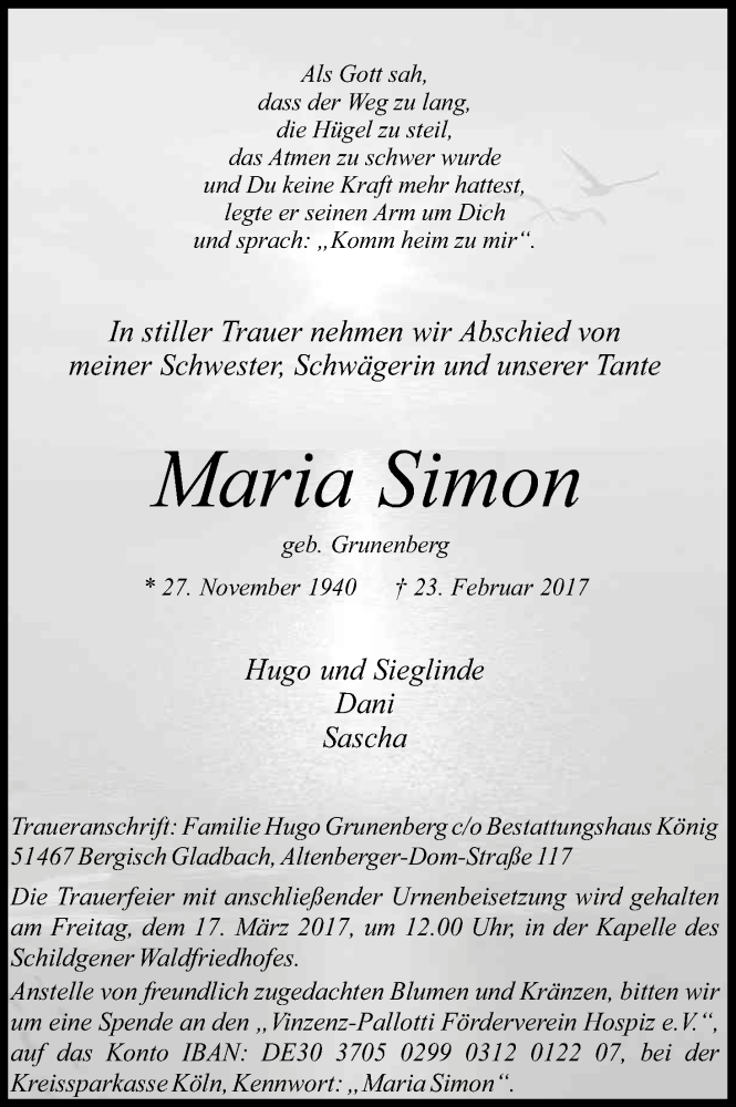  Traueranzeige für Maria Simon vom 11.03.2017 aus Kölner Stadt-Anzeiger / Kölnische Rundschau / Express