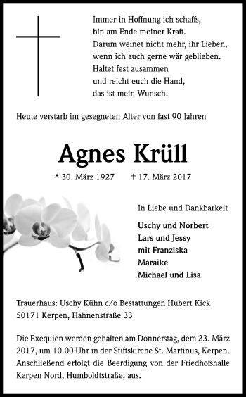 Anzeige von Agnes Krüll von Kölner Stadt-Anzeiger / Kölnische Rundschau / Express