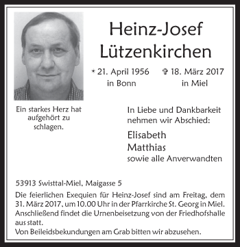 Anzeige von Heinz-Josef Lützenkirchen von  Schaufenster/Blickpunkt 