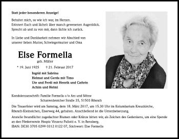 Anzeige von Else Formella von Kölner Stadt-Anzeiger / Kölnische Rundschau / Express