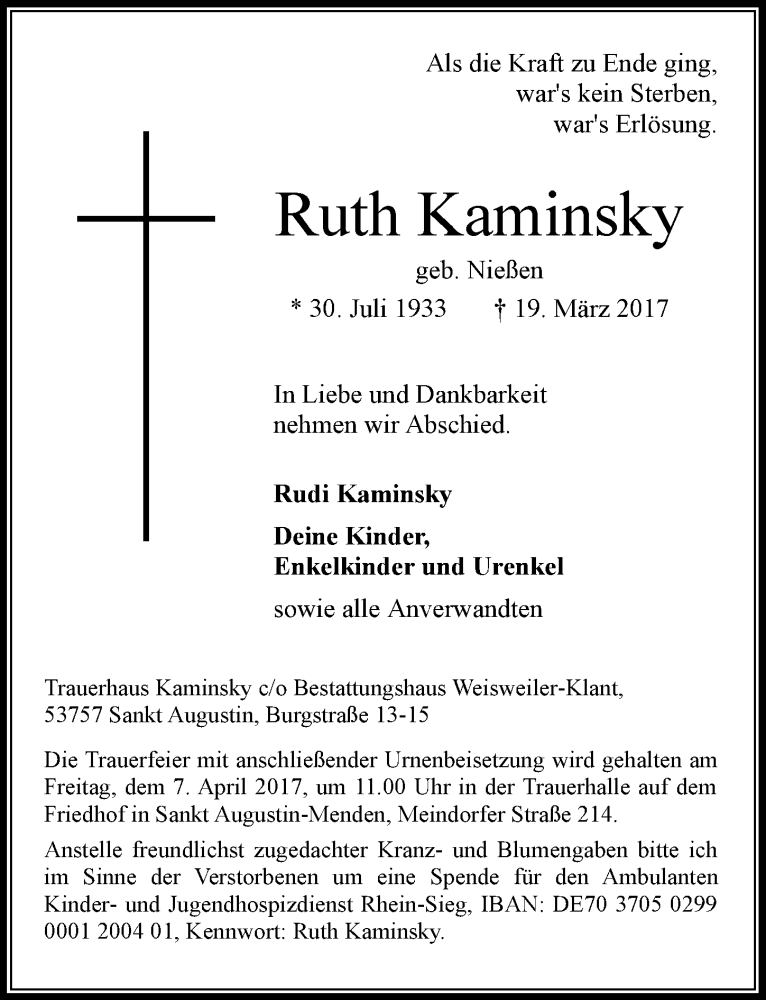  Traueranzeige für Ruth Kaminsky vom 29.03.2017 aus  Extra Blatt 