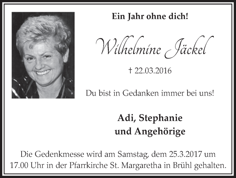  Traueranzeige für Wilhelmine Jäckel vom 22.03.2017 aus  Schlossbote/Werbekurier 