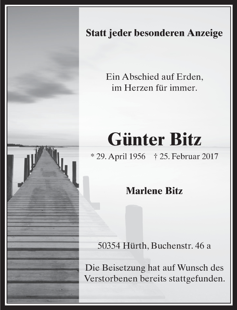  Traueranzeige für Günter Bitz vom 08.03.2017 aus  Wochenende 