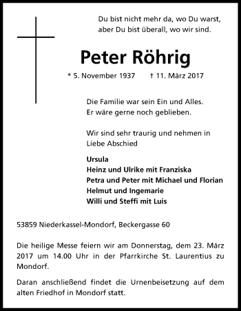 Anzeige von Peter Röhrig von Kölner Stadt-Anzeiger / Kölnische Rundschau / Express