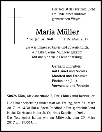 Anzeige von Maria Müller von Kölner Stadt-Anzeiger / Kölnische Rundschau / Express