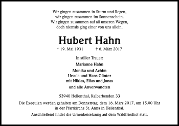 Anzeige von Hubert Hahn von Kölner Stadt-Anzeiger / Kölnische Rundschau / Express