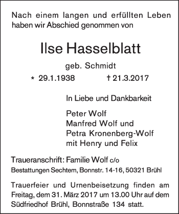 Anzeige von Ilse Hasselblatt von  Schlossbote/Werbekurier 