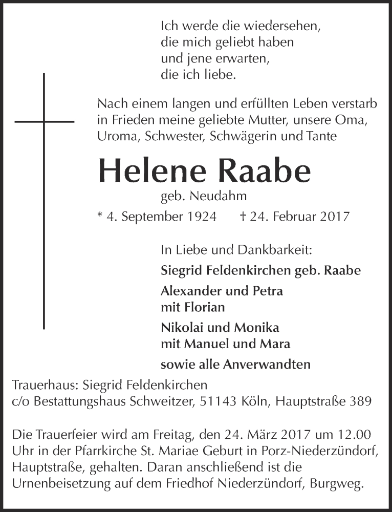  Traueranzeige für Helene Raabe vom 15.03.2017 aus  Kölner Wochenspiegel 