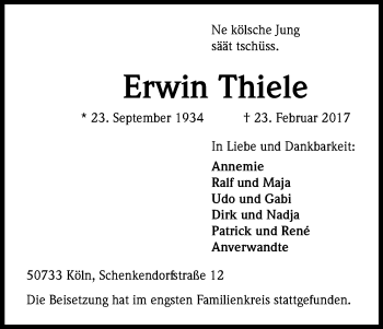 Anzeige von Erwin Thiele von Kölner Stadt-Anzeiger / Kölnische Rundschau / Express