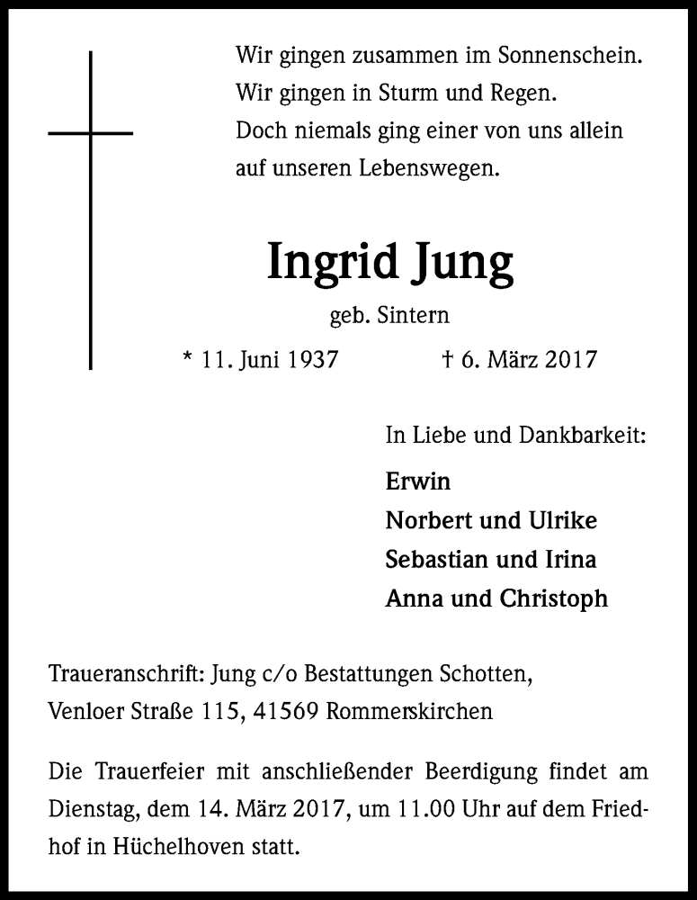  Traueranzeige für Ingrid Jung vom 11.03.2017 aus Kölner Stadt-Anzeiger / Kölnische Rundschau / Express