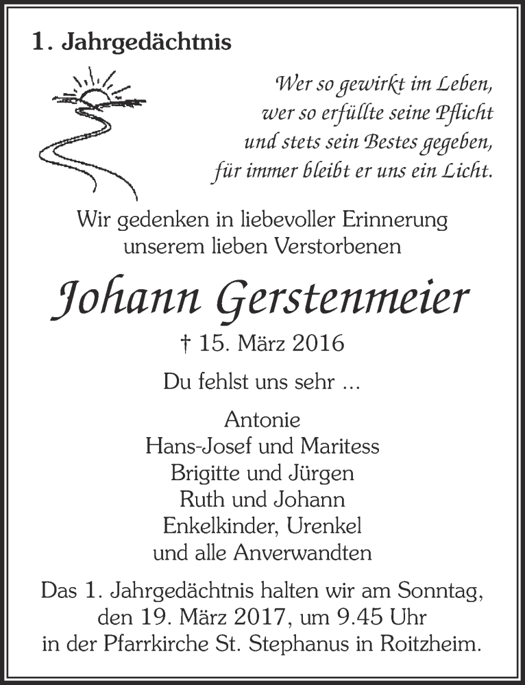  Traueranzeige für Johann Gerstenmeier vom 11.03.2017 aus  Blickpunkt Euskirchen 