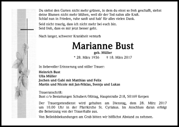 Anzeige von Marianne Bust von Kölner Stadt-Anzeiger / Kölnische Rundschau / Express