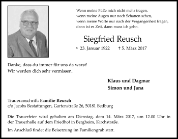 Anzeige von Siegfried Reusch von Kölner Stadt-Anzeiger / Kölnische Rundschau / Express
