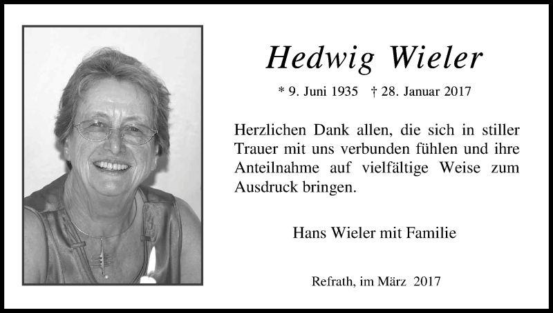  Traueranzeige für Hedwig Wieler vom 11.03.2017 aus Kölner Stadt-Anzeiger / Kölnische Rundschau / Express