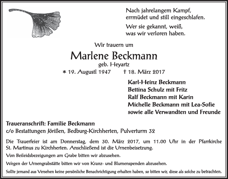  Traueranzeige für Marlene Beckmann vom 25.03.2017 aus  Sonntags-Post 