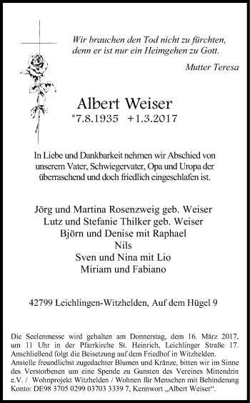 Anzeige von Albert Weiser von Kölner Stadt-Anzeiger / Kölnische Rundschau / Express