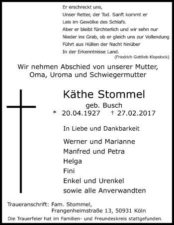 Anzeige von Käthe Stommel von Kölner Stadt-Anzeiger / Kölnische Rundschau / Express