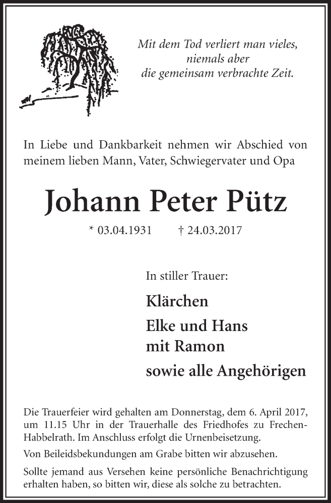  Traueranzeige für Johann Peter Pütz vom 01.04.2017 aus  Sonntags-Post 