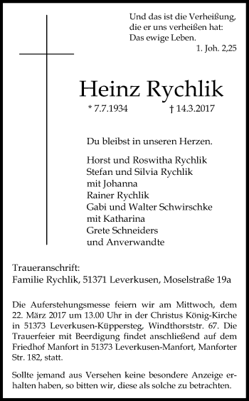 Anzeige von Heinz Rychlik von Kölner Stadt-Anzeiger / Kölnische Rundschau / Express