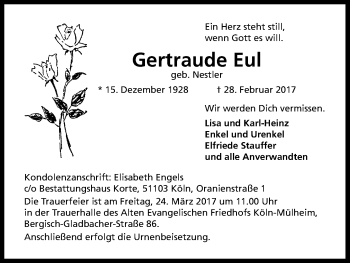 Anzeige von Gertraude Eul von Kölner Stadt-Anzeiger / Kölnische Rundschau / Express