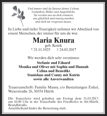 Anzeige von Maria Knura von  Wochenende 