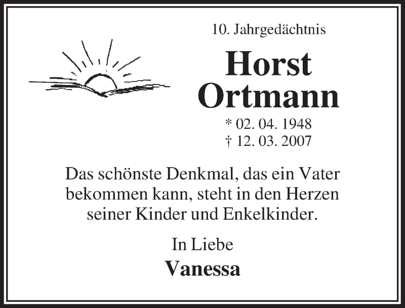  Traueranzeige für Horst Ortmann vom 08.03.2017 aus  Lokalanzeiger 