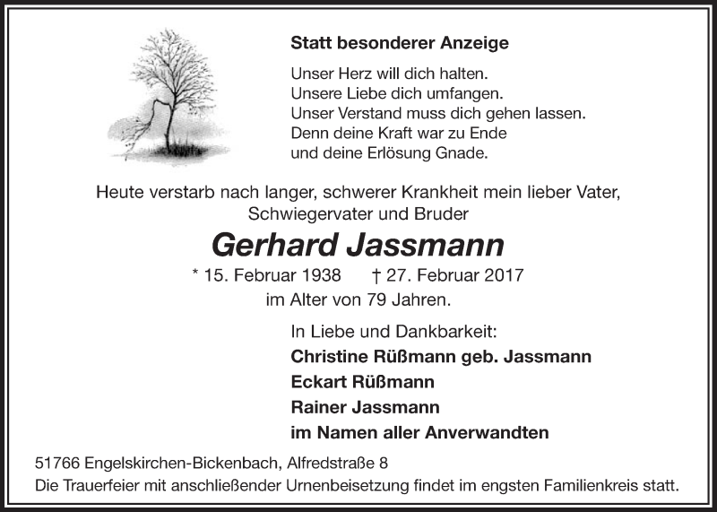  Traueranzeige für Gerhard Jassmann vom 08.03.2017 aus  Anzeigen Echo 