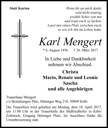 Anzeige von Karl Mengert von Kölner Stadt-Anzeiger / Kölnische Rundschau / Express