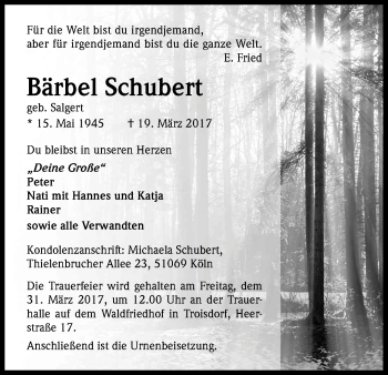 Anzeige von Bärbel Schubert von Kölner Stadt-Anzeiger / Kölnische Rundschau / Express