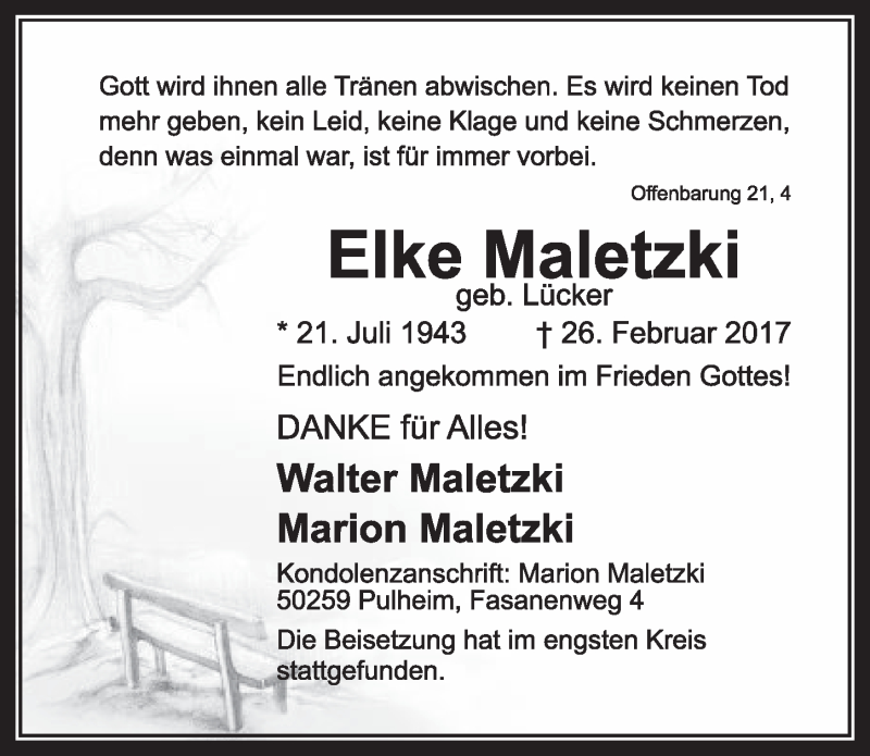  Traueranzeige für Elke Maletzki vom 18.03.2017 aus  Sonntags-Post 