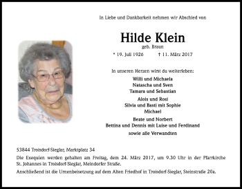 Anzeige von Hilde Klein von Kölner Stadt-Anzeiger / Kölnische Rundschau / Express