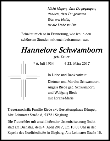 Anzeige von Hannelore Schwamborn von Kölner Stadt-Anzeiger / Kölnische Rundschau / Express