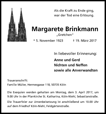 Anzeige von Margarete Brinkmann von Kölner Stadt-Anzeiger / Kölnische Rundschau / Express