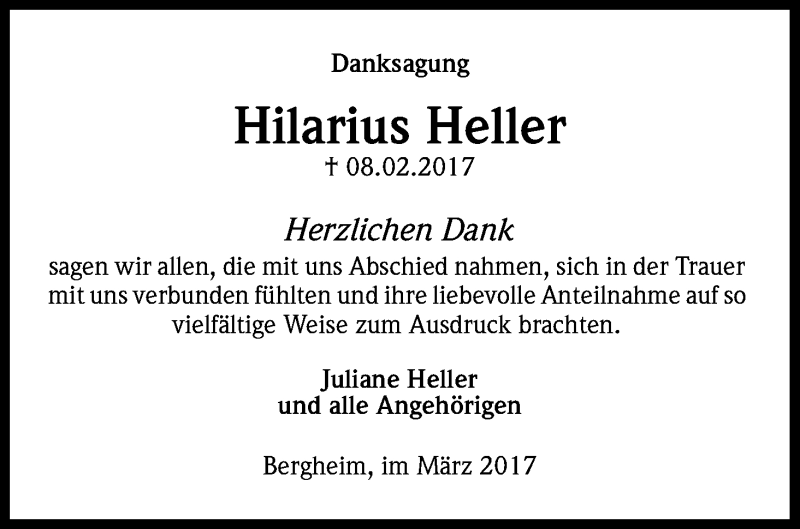  Traueranzeige für Hilarius Heller vom 04.03.2017 aus Kölner Stadt-Anzeiger / Kölnische Rundschau / Express