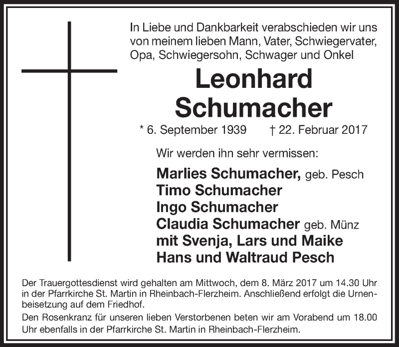  Traueranzeige für Leonhard Schumacher vom 04.03.2017 aus  Schaufenster/Blickpunkt am Wochenende 