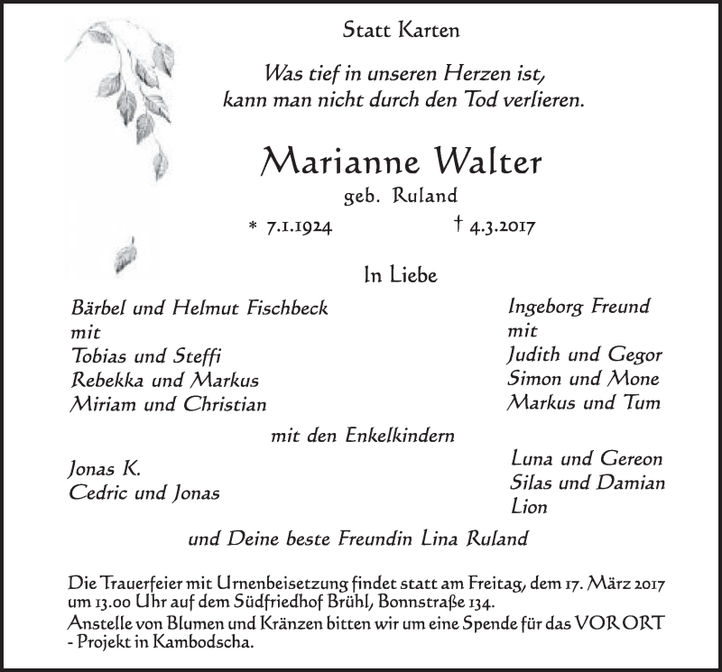  Traueranzeige für Marianne Walter vom 15.03.2017 aus  Schlossbote/Werbekurier 
