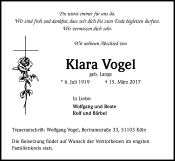 Anzeige von Klara Vogel von Kölner Stadt-Anzeiger / Kölnische Rundschau / Express